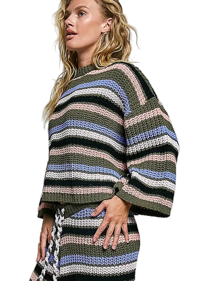 Women's Olive Multi Striped Pattern Round Neck Chenille Sweater Top