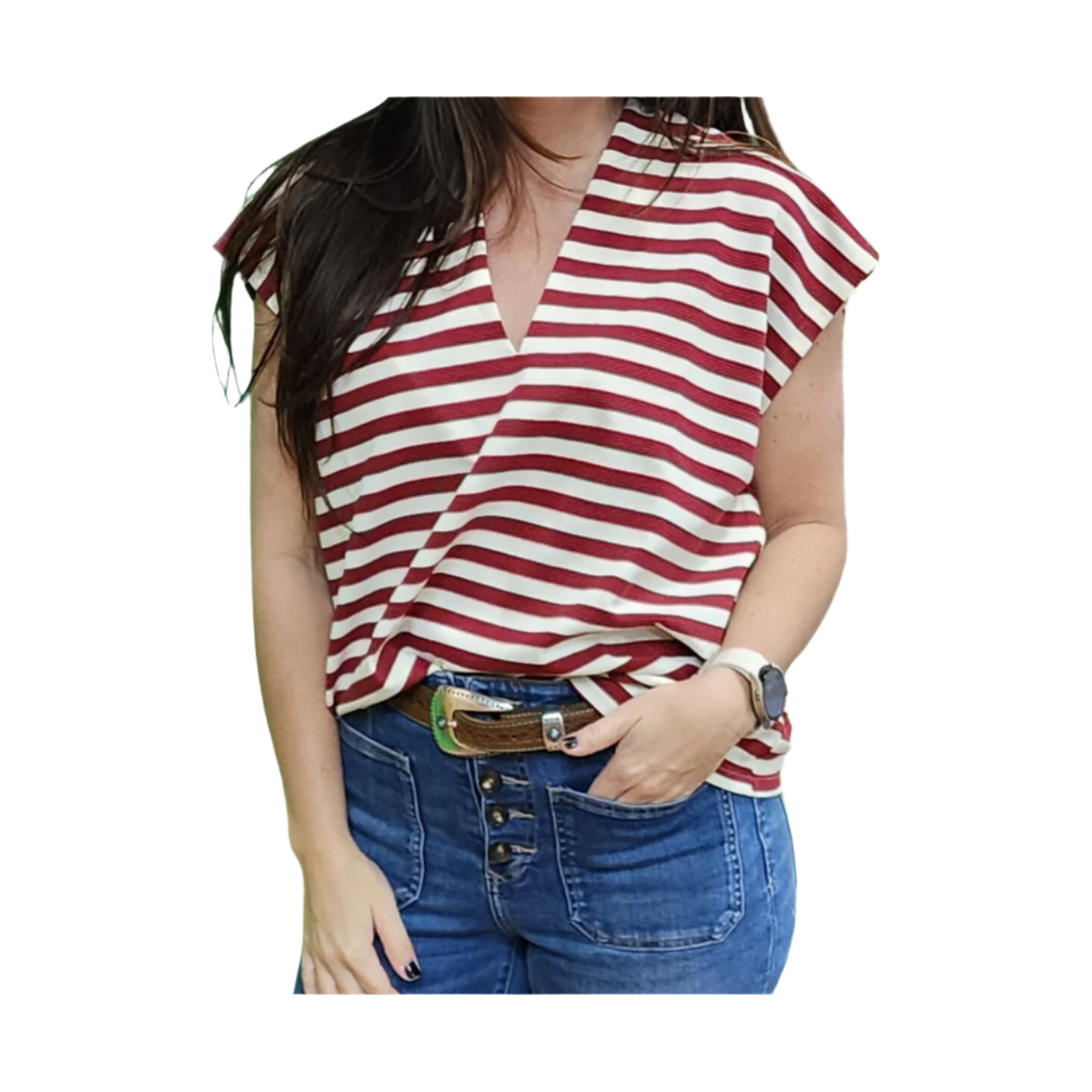 Glam Striped V Neck S/S Top - Crazy House Western Wear