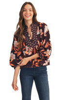 Women's Jodifl Brown Puff Sleeves Floral Fabric Mix Top 