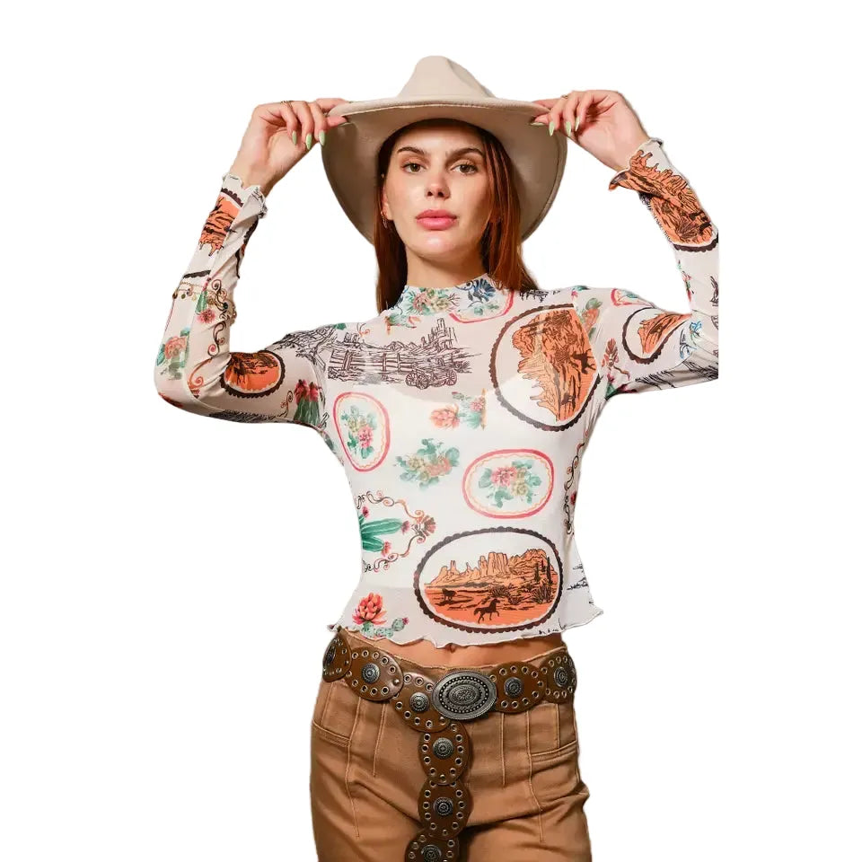 Women's Blue B Western Motif Mesh Mock Neck Long Sleeve Top 33147T