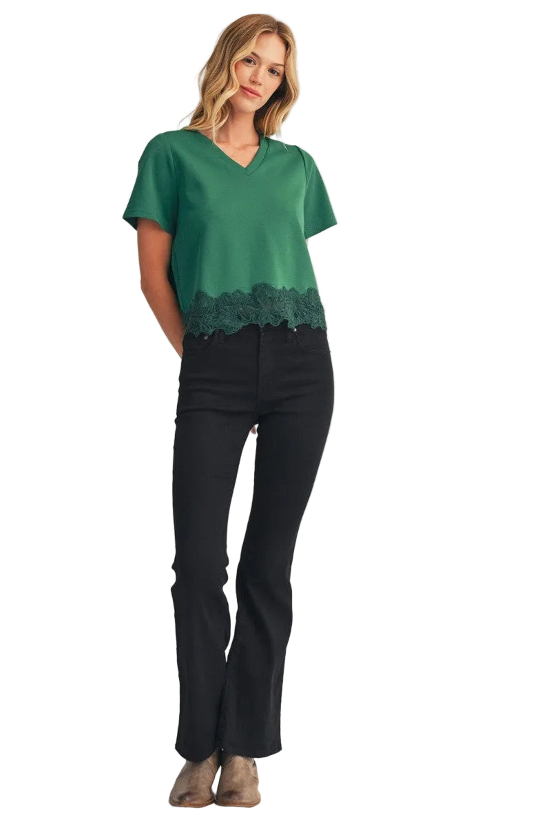 Jodifl Women's Lace Patch Hem Detail Solid Top 