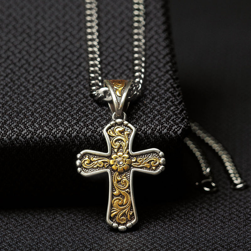 Men's Twister Chain Necklace with Antique Golf Floral Cross 