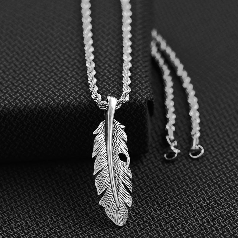 Men's Twister Silver Chain with Feather Pendant Necklace
