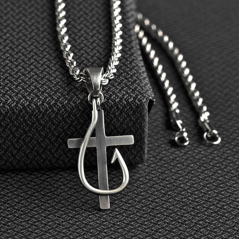 Men's Twister Silver Chain with Cross and Fish Hook Pendant 32134