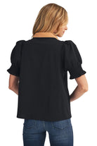 Jodifl Women's Black Contrast Accent Crinkled Solid Top 