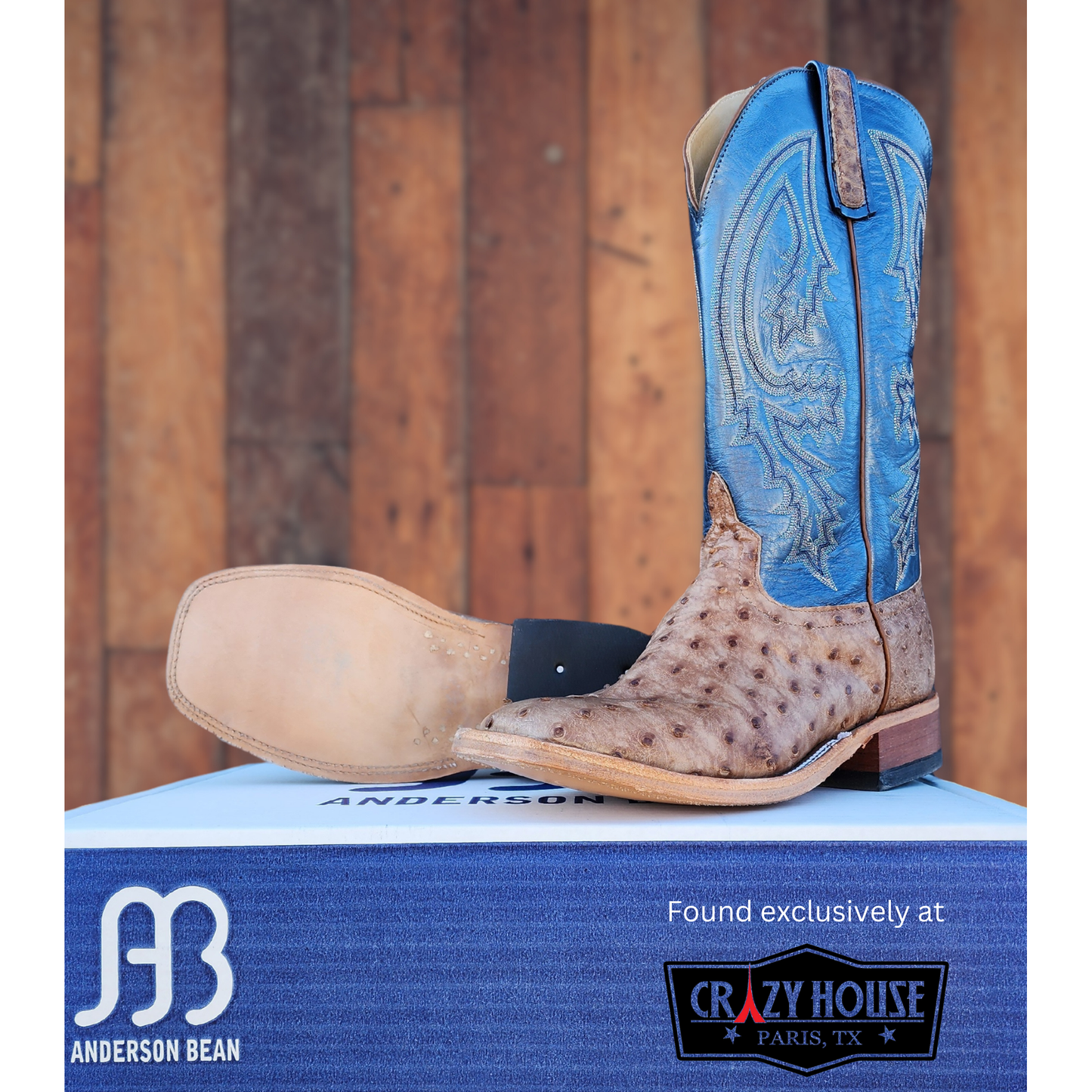 Anderson Bean Rum Brown Glazed Full Quill Ostrich with Regal Blue Top - Crazy House Western Wear