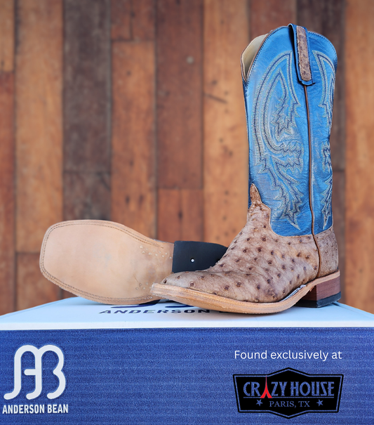 Anderson Bean Rum Brown Glazed Full Quill Ostrich with Regal Blue Top - Crazy House Western Wear