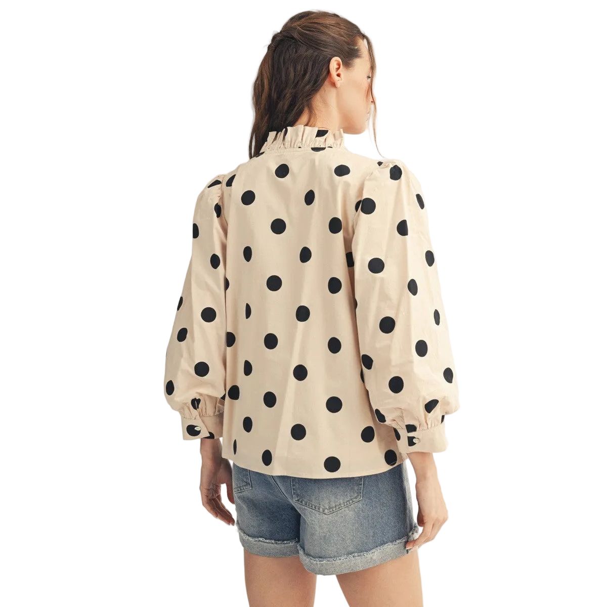 Women's Jodifl Cream Ruffled Neckline Button Down Polka Dot Blouse H51313