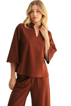 Jodifl Women's Brown Scallop Edge Detail Solid Top 