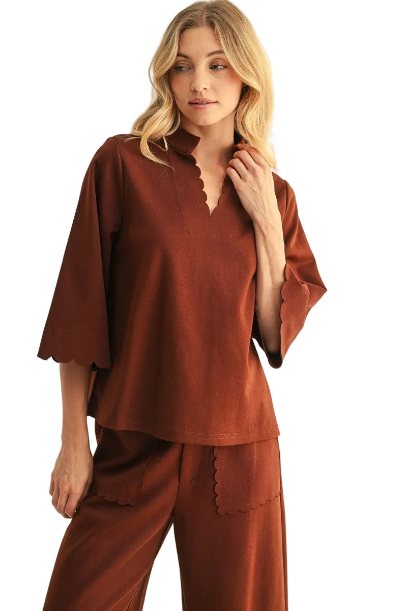 Jodifl Women's Brown Scallop Edge Detail Solid Top 