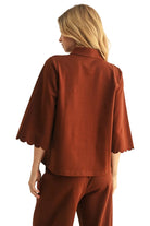 Jodifl Women's Brown Scallop Edge Detail Solid Top 