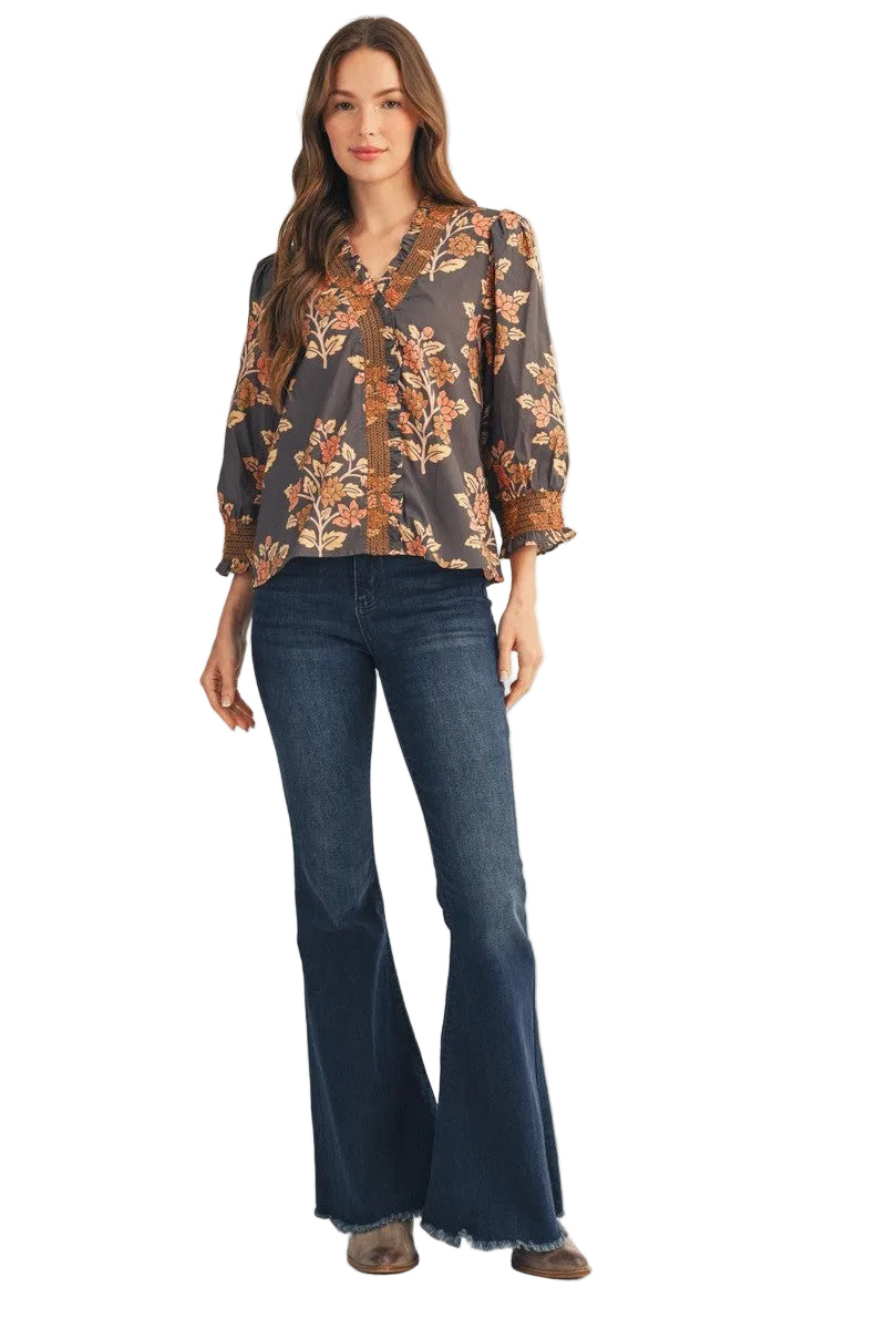 Jodifl Women's Mocha Embroidered Smocking Detail Floral Top 