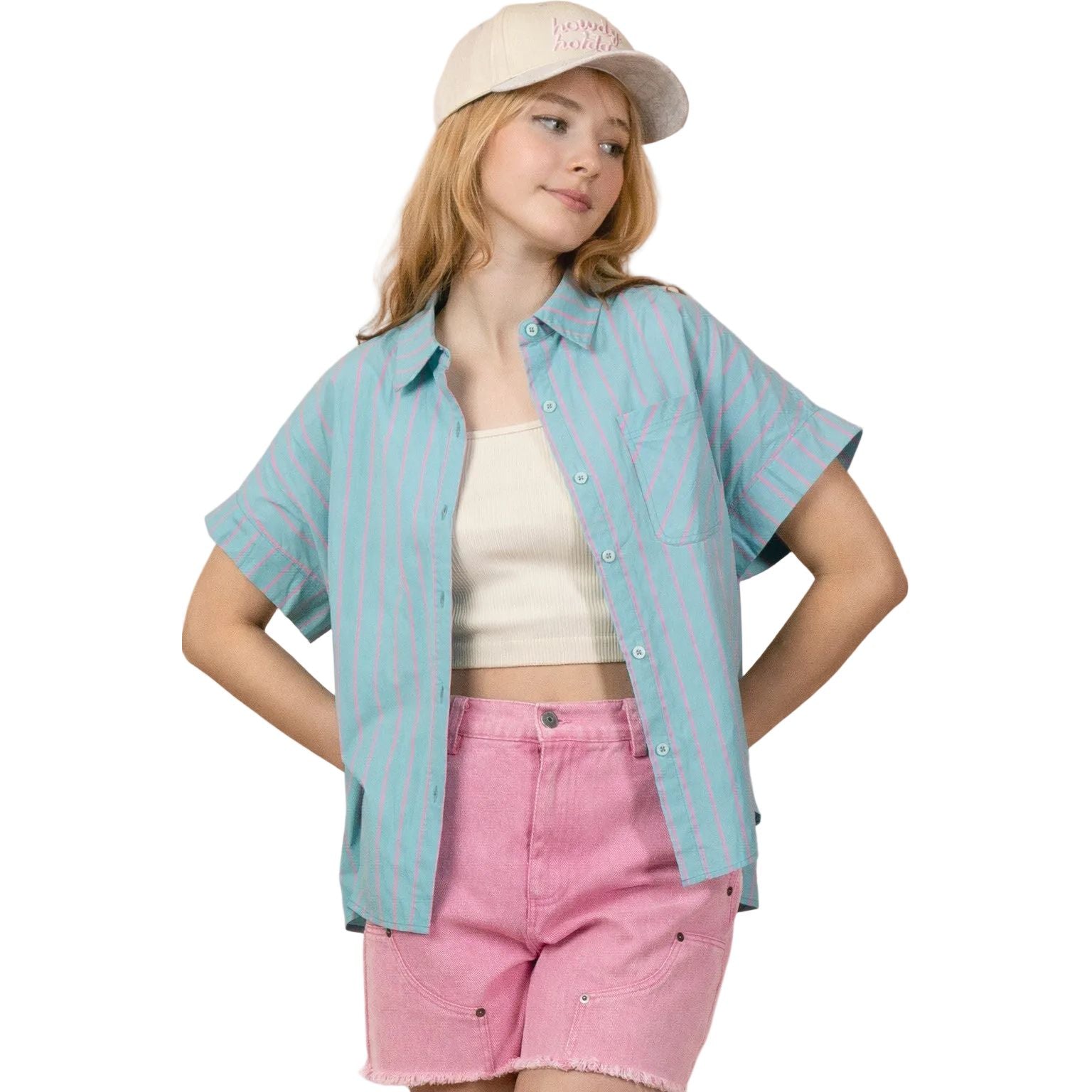 Women's Mint Striped Oversized Striped Button Down Casual Shirt Top NT12495