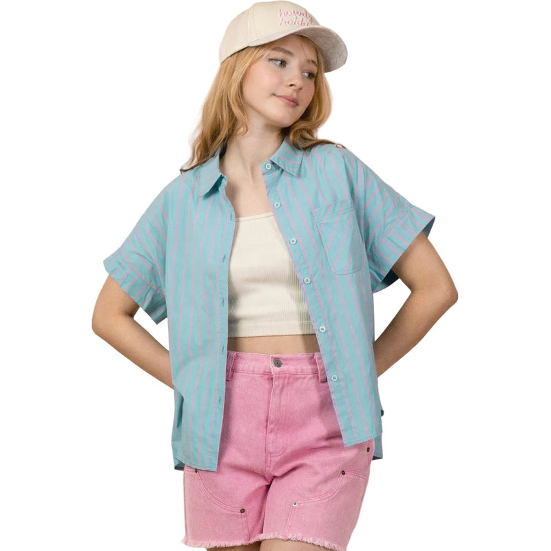 Women's Mint Striped Oversized Striped Button Down Casual Shirt Top NT12495