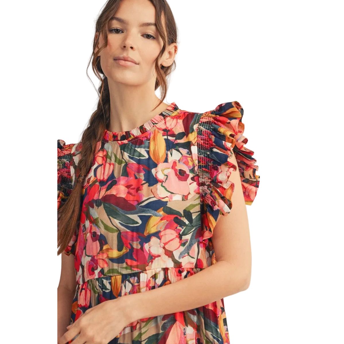 Women's Multi Colored Ruffled Sleeves Floral Midi Dress G10170-16