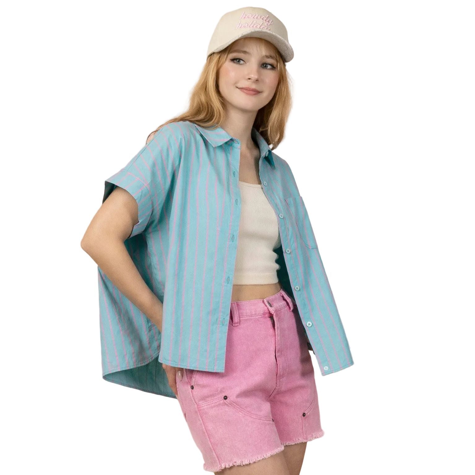 Women's Mint Striped Oversized Striped Button Down Casual Shirt Top NT12495