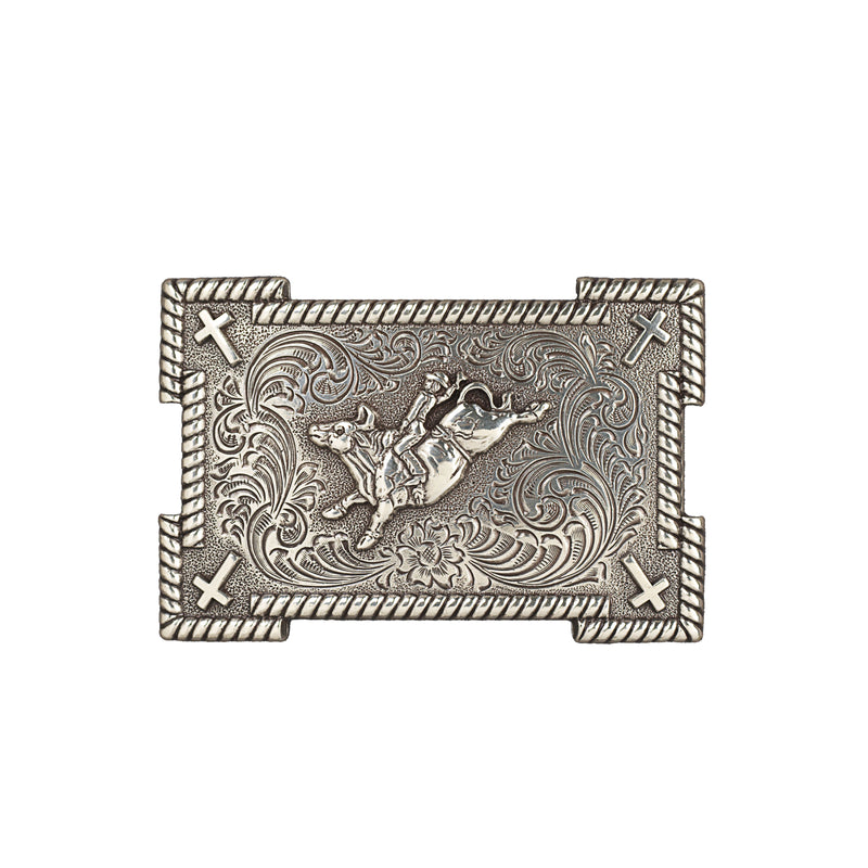 Boy's Nocona Silver Rectangle Bull Rider Motif Belt Buckle 36105