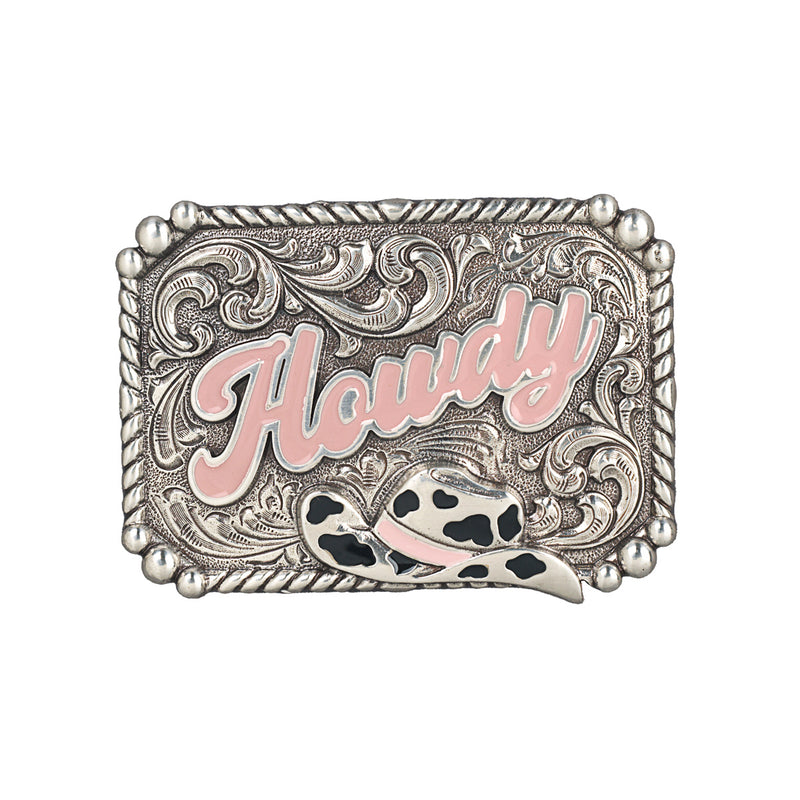 Girl's Blazin Roxx Silver and Pink Howdy Engraved Rectangle Belt Buckle 36108