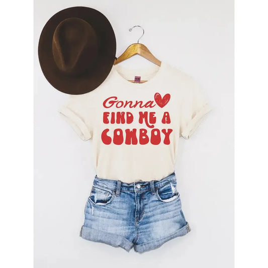 Women's "Find Me A Cowboy" White and Red T-shirt