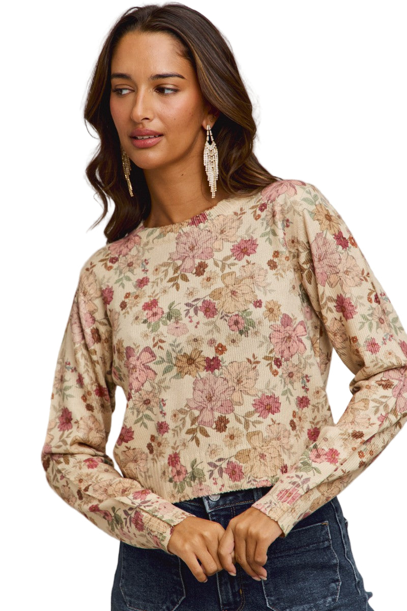 Women's Floral Crew Neck Long Sleeves Sweater Knit Top ST3677F-01