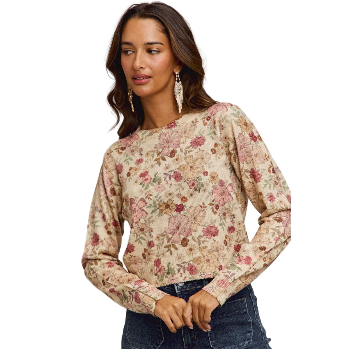 Women's Floral Crew Neck Long Sleeves Sweater Knit Top ST3677F-01