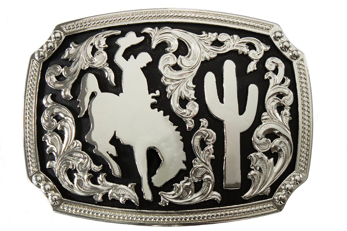 Men's Nocona Rectangle Silver and Black Bronc Rider and Cactus Buckle 37943