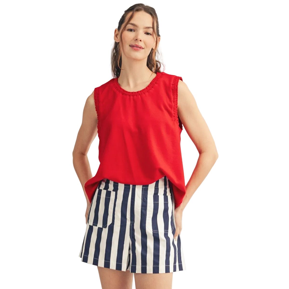 Women's Jodifl Red Smocked Edge Detail Casual Tank Top G15751