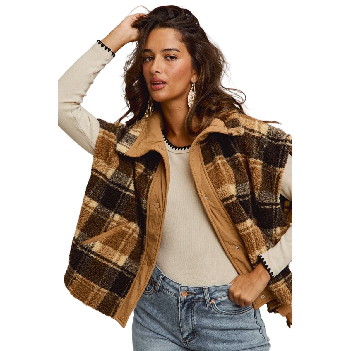 Women's Oversized Sherpa Fleece Checker Vest Jacket ST2049F