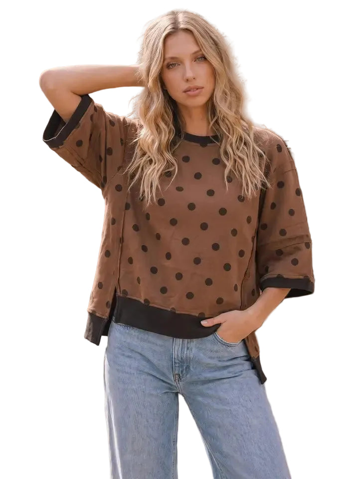 Women's Mocha Polka Dot Oversized Contrast Top 