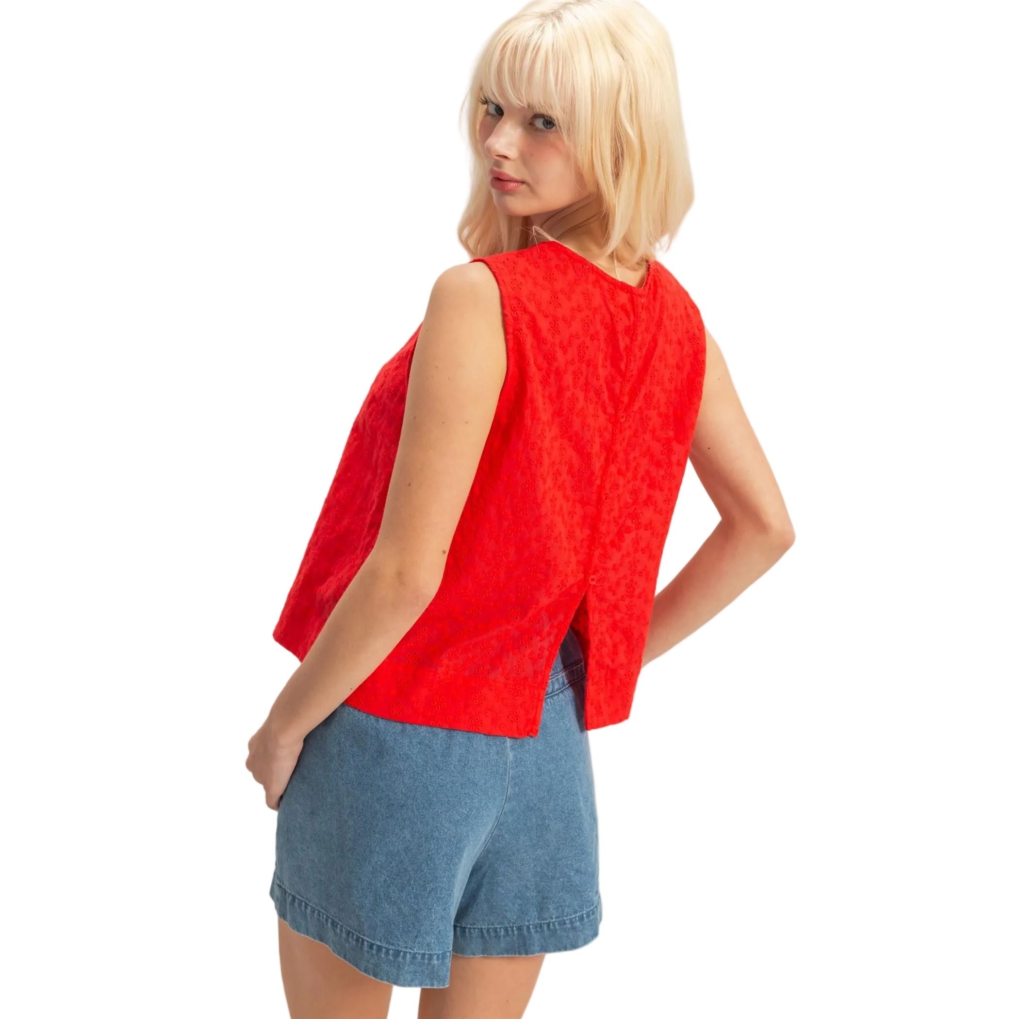Women's Red Eyelet Sleeveless Top With Back Buttons DZ26C541