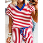 Women's Red White and Blue Colorblock Striped Short and Shirt Set SNS2295