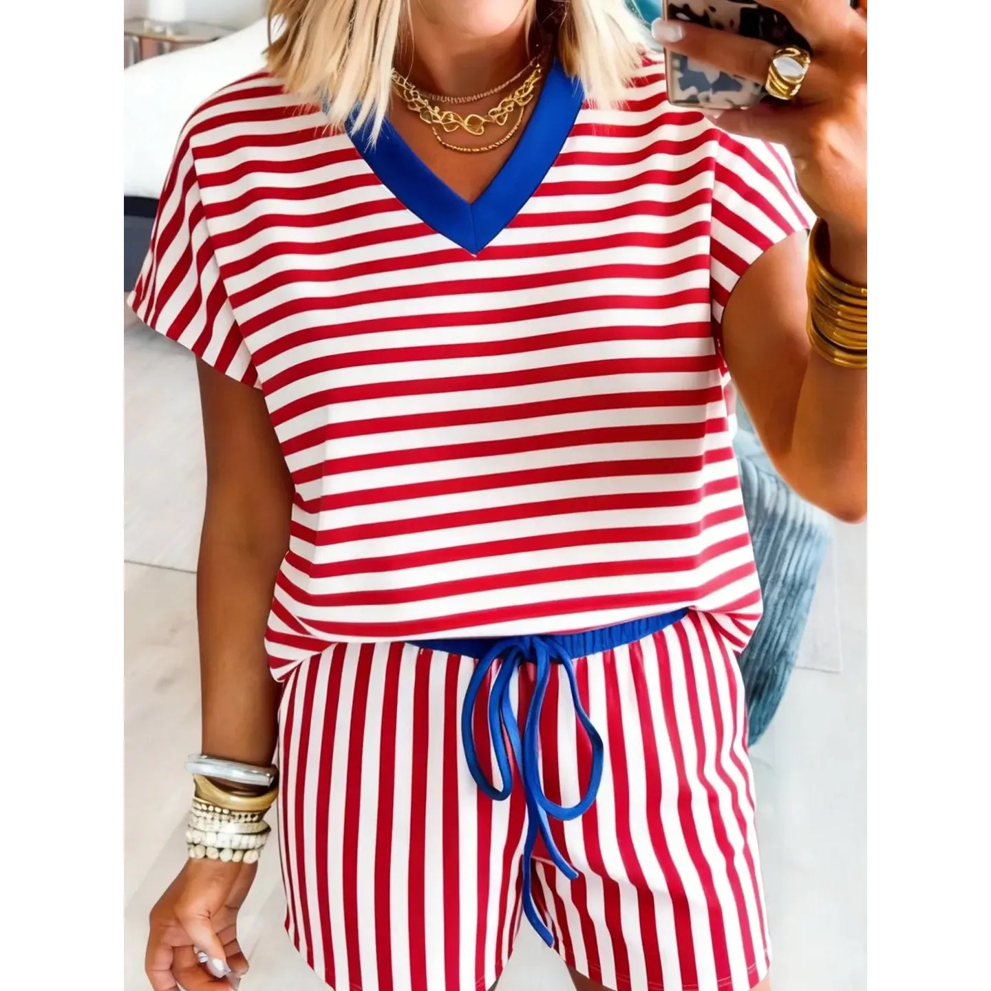 Women's Red White and Blue Colorblock Striped Short and Shirt Set SNS2295