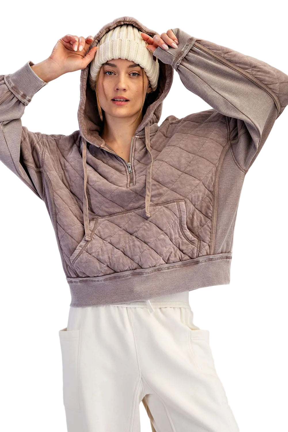 Rae Mode Women's Mocha Mineral Washed Quilt Quarter Zip Hoodie 