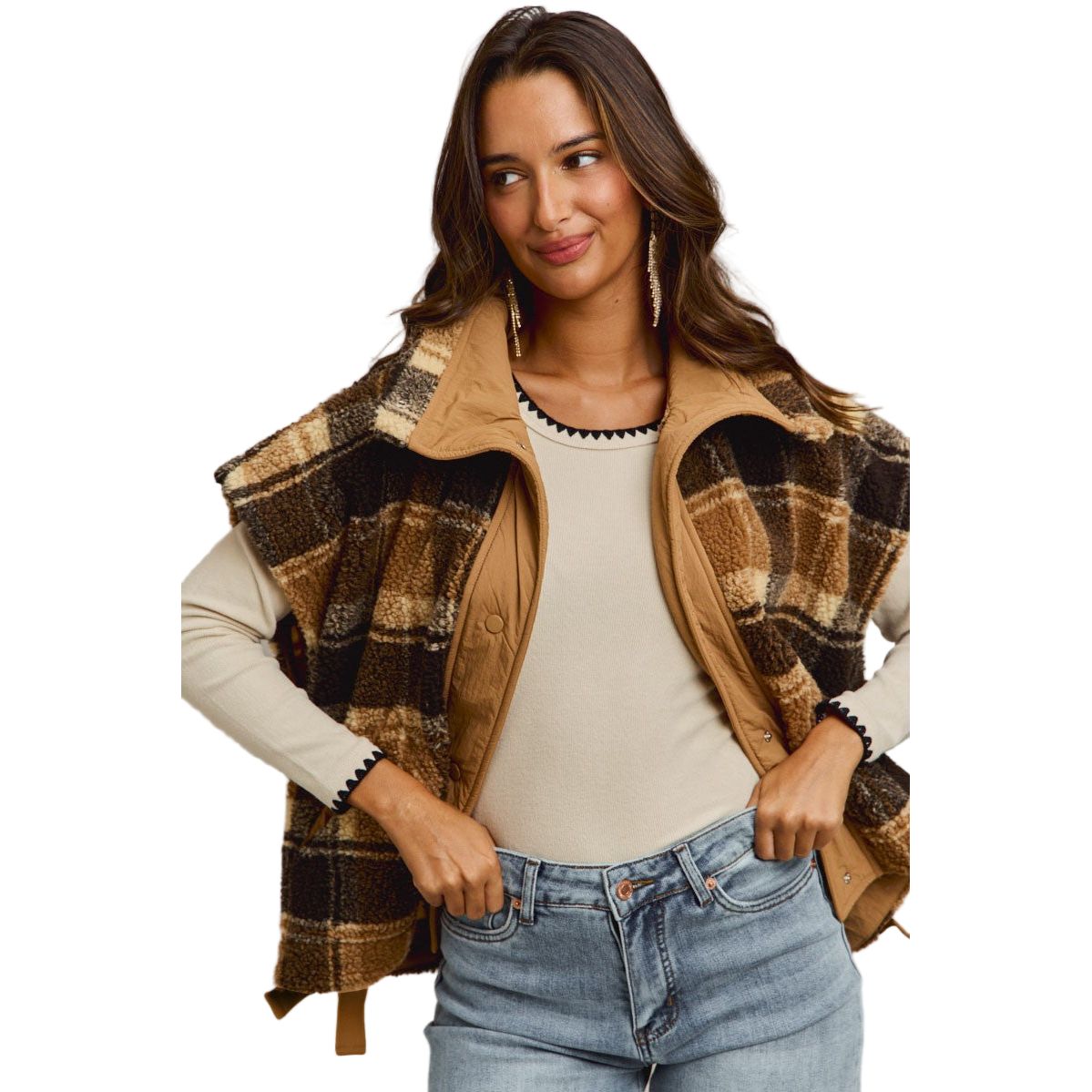 Women's Oversized Sherpa Fleece Checker Vest Jacket ST2049F