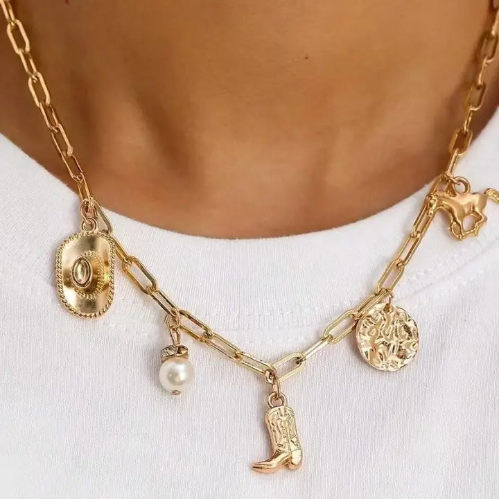 Women's Josslyn Gold Western Boot Star Hat Horseshoe Charm Necklace 80N1187-NCK