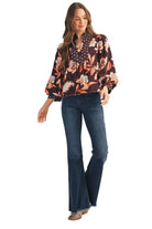 Women's Jodifl Brown Puff Sleeves Floral Fabric Mix Top 