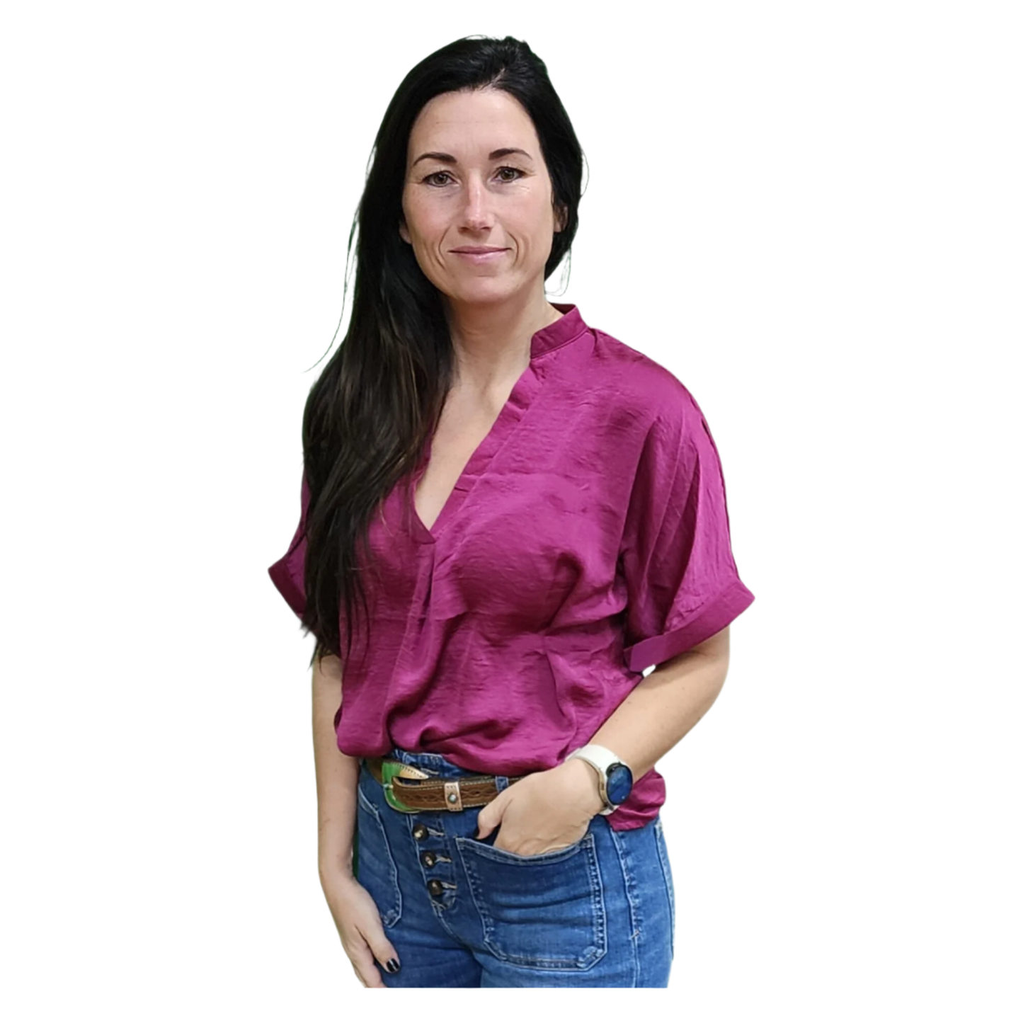 Glam V Neck Placket Cuff Sleeve Top - Crazy House Western Wear