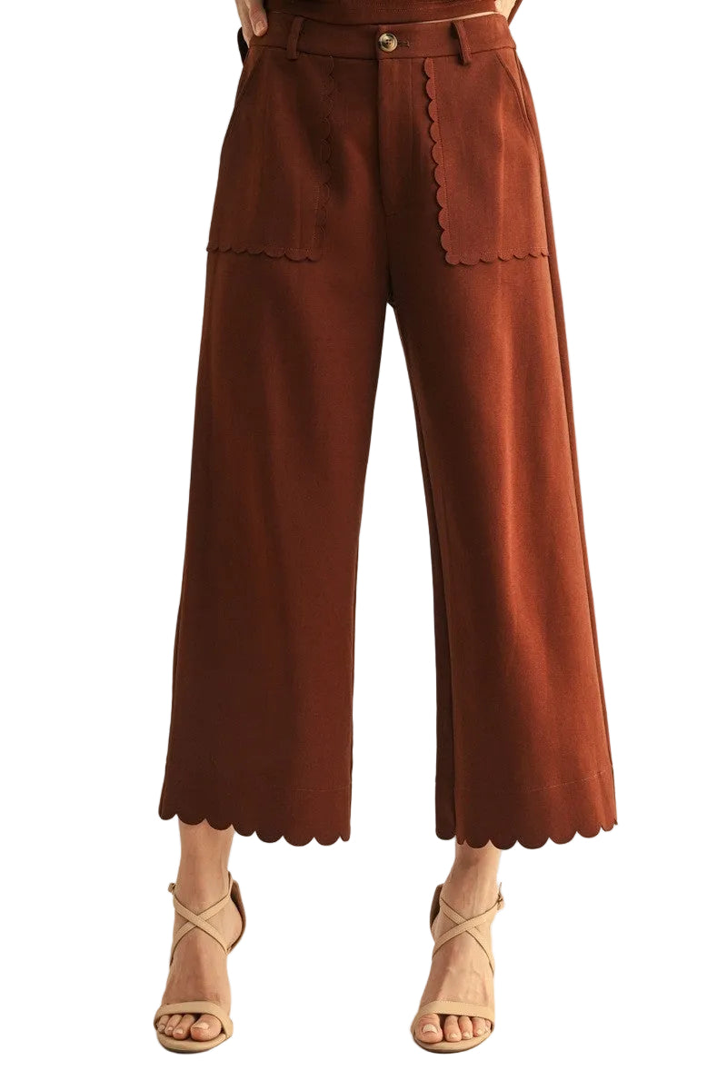 Jodifl Women's Brown Scallop Edge Solid Dressy Pants 