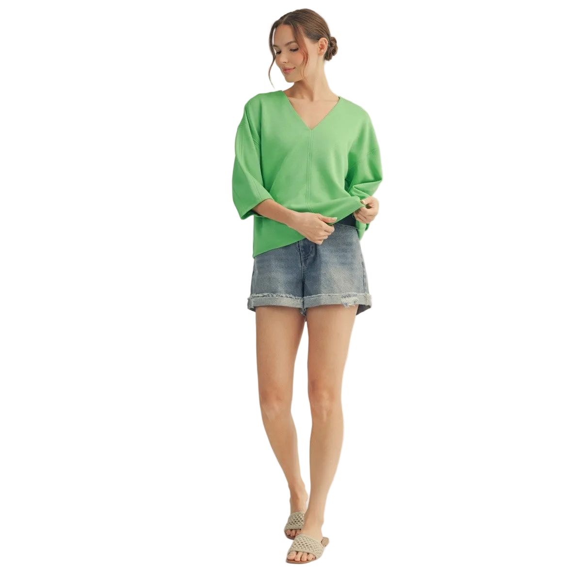 Women's Jodifl Apple Green Soft Textured V Neck Solid Top G15341-AG