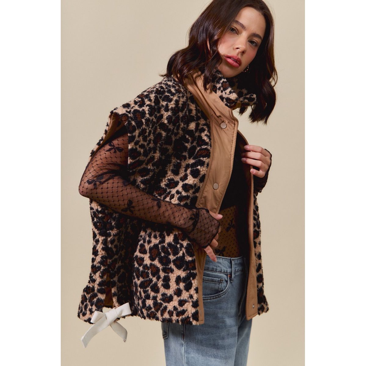 Women's Leopard Soft Sherpa Fur Sleeveless Vest Jacket ST2049E-02