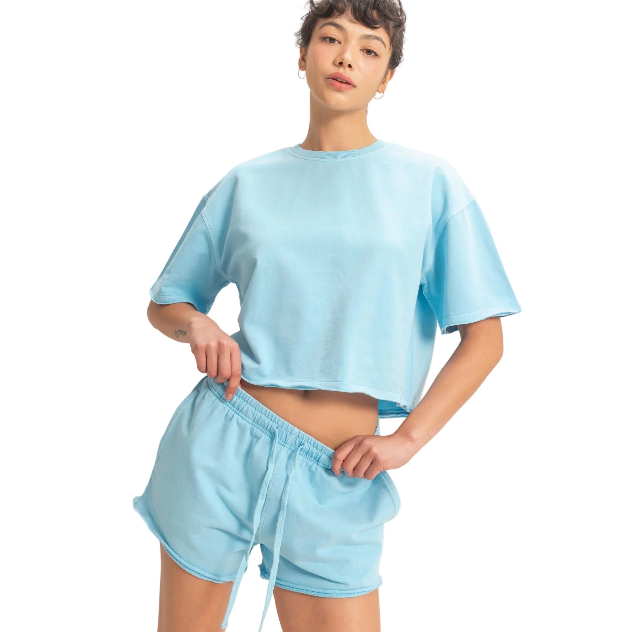 Women's Blue Short Sleeve Crew Neck Top And Shorts Set DZ26C668-SET