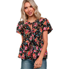Women's Floral Woven Blouse With Front Ribbon Bow Tie HT4947M - Crazy House Western Wear