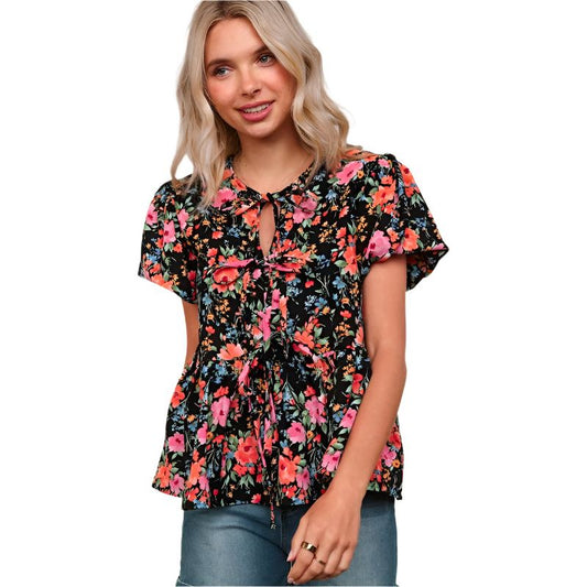 Women's Floral Woven Blouse With Front Ribbon Bow Tie HT4947M