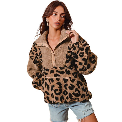 Women's Leopard Fleece Block Pullover Top With Pockets 