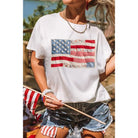 Women's Short Sleeve White T-shirt with Flag Patchwork Print 