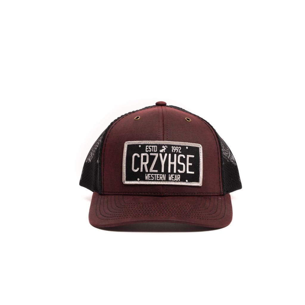Crazy House Unisex Burgundy and Black Cap with License Plate Patch - Crazy House Western Wear