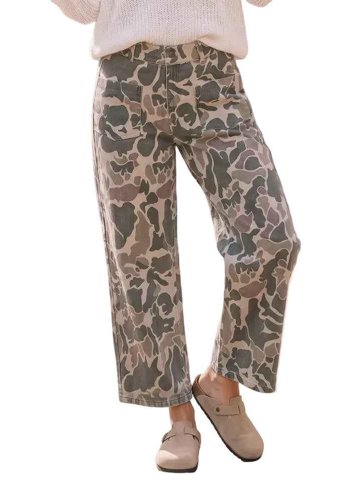 Women's Olive Camo Wide Leg Utility Denim Pants 