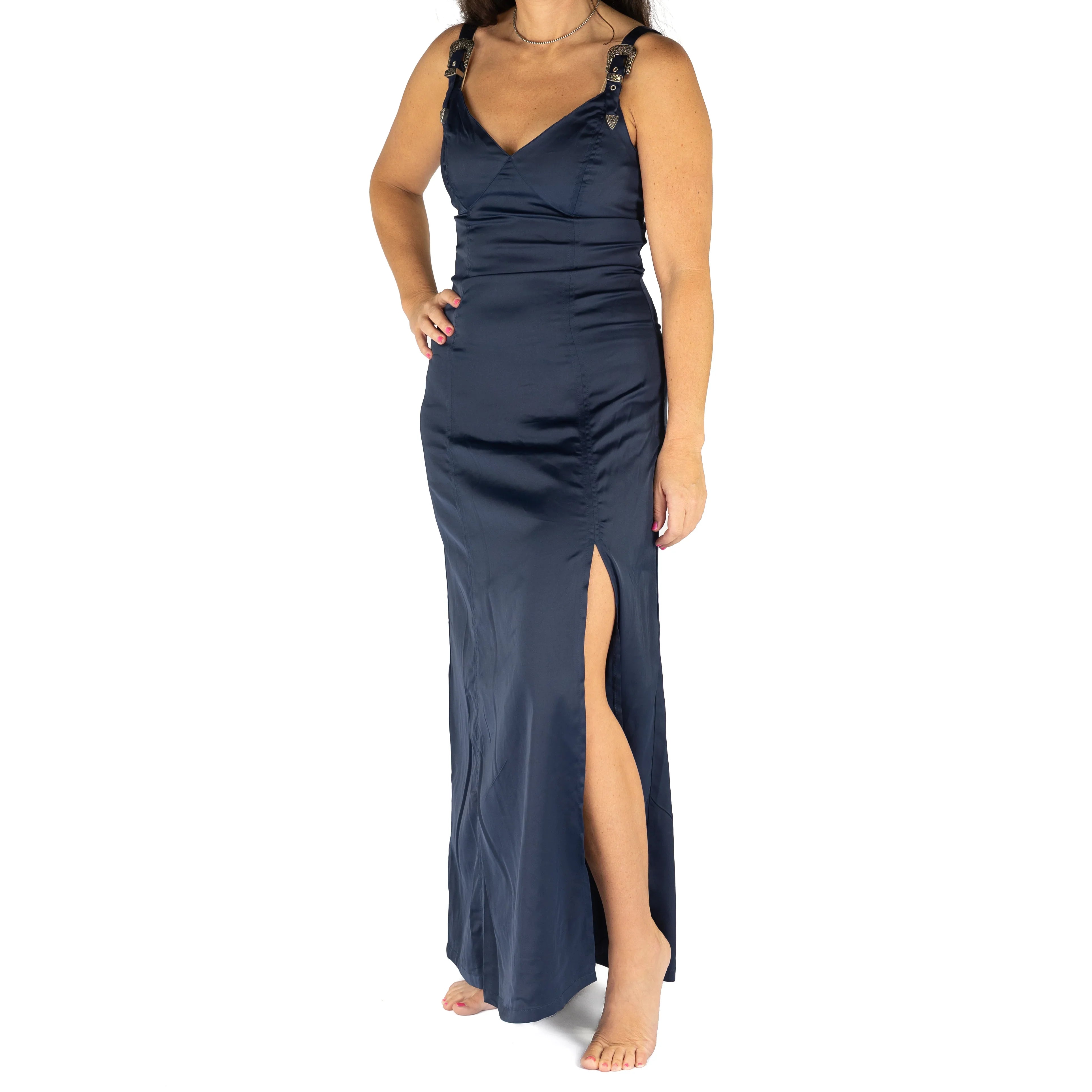 Rock & Roll Denim Women's Sleeveless Buckle Detail Satin Maxi Dress