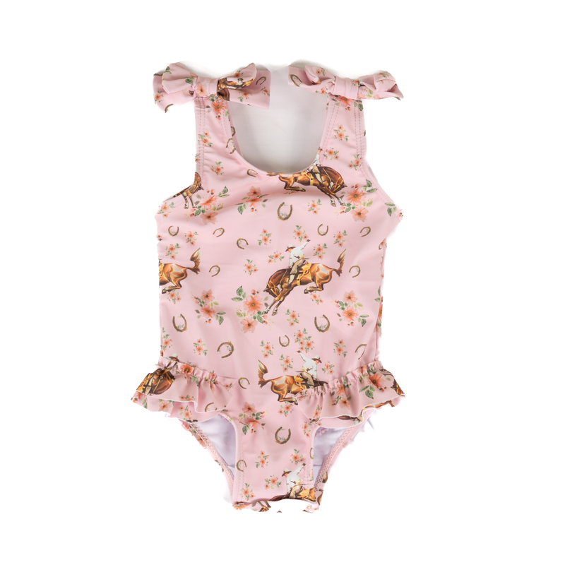 Youth Pink Bronco Printed Onesie Swimsuit 