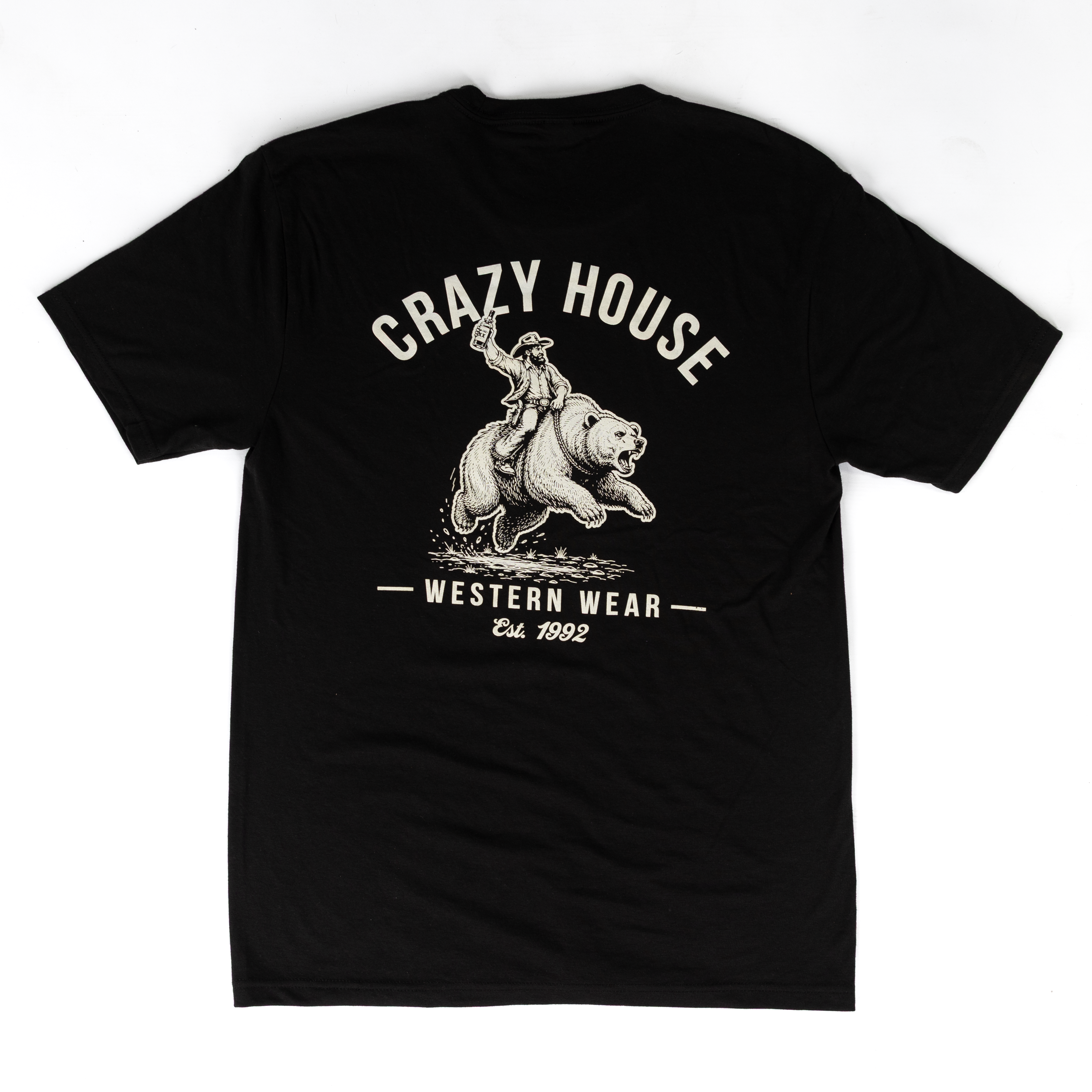 Crazy House Short Sleeve Black Cowboy Riding Bear T-shirt 